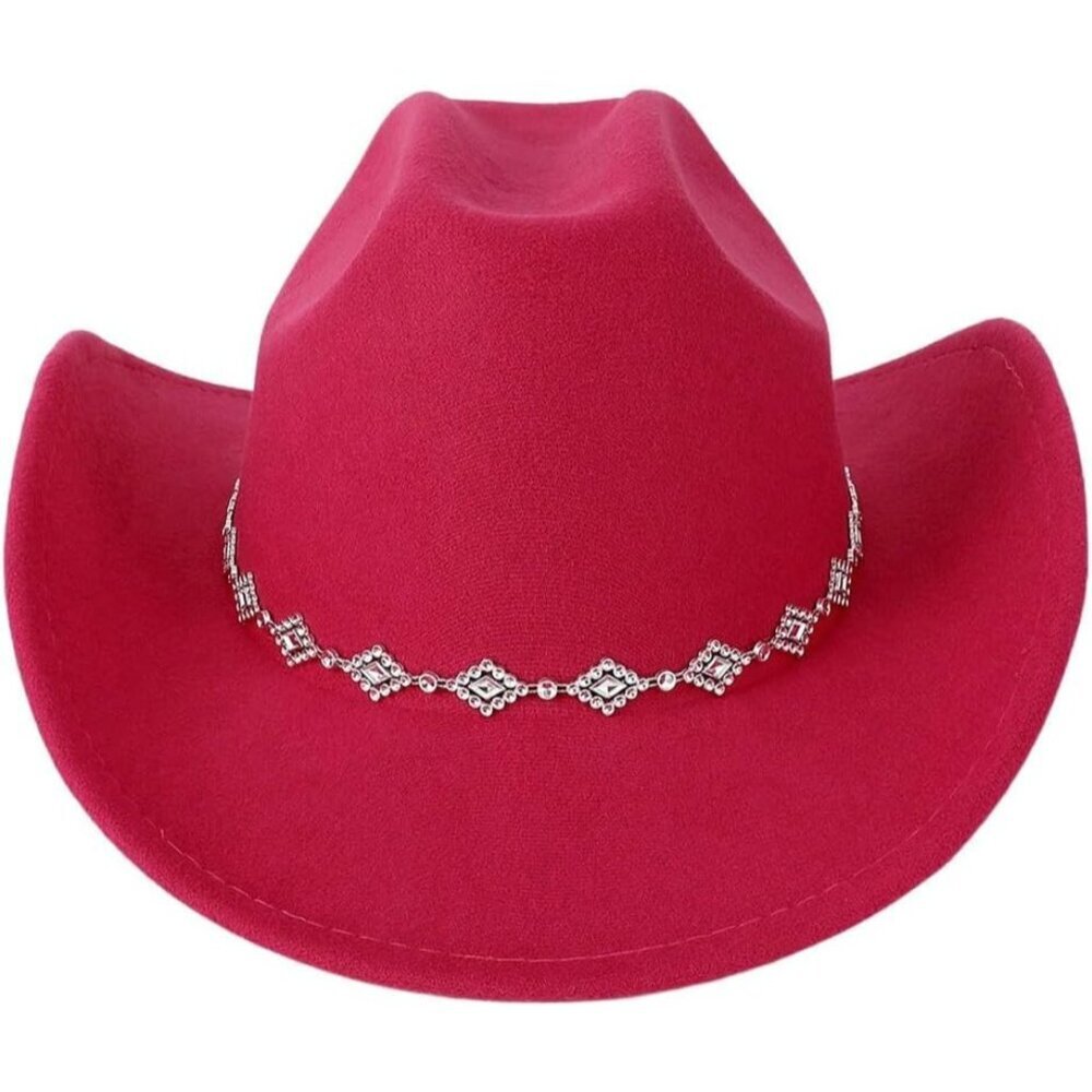 Verdusa Women Red 100% Polyester Rhinestone Diamond Chain Band Cowboy Felt Hat